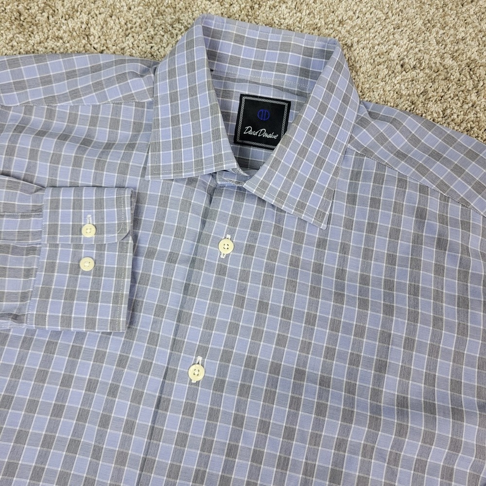 David Donahue Mens XL Blue Gray Check Button Up Long Sleeve